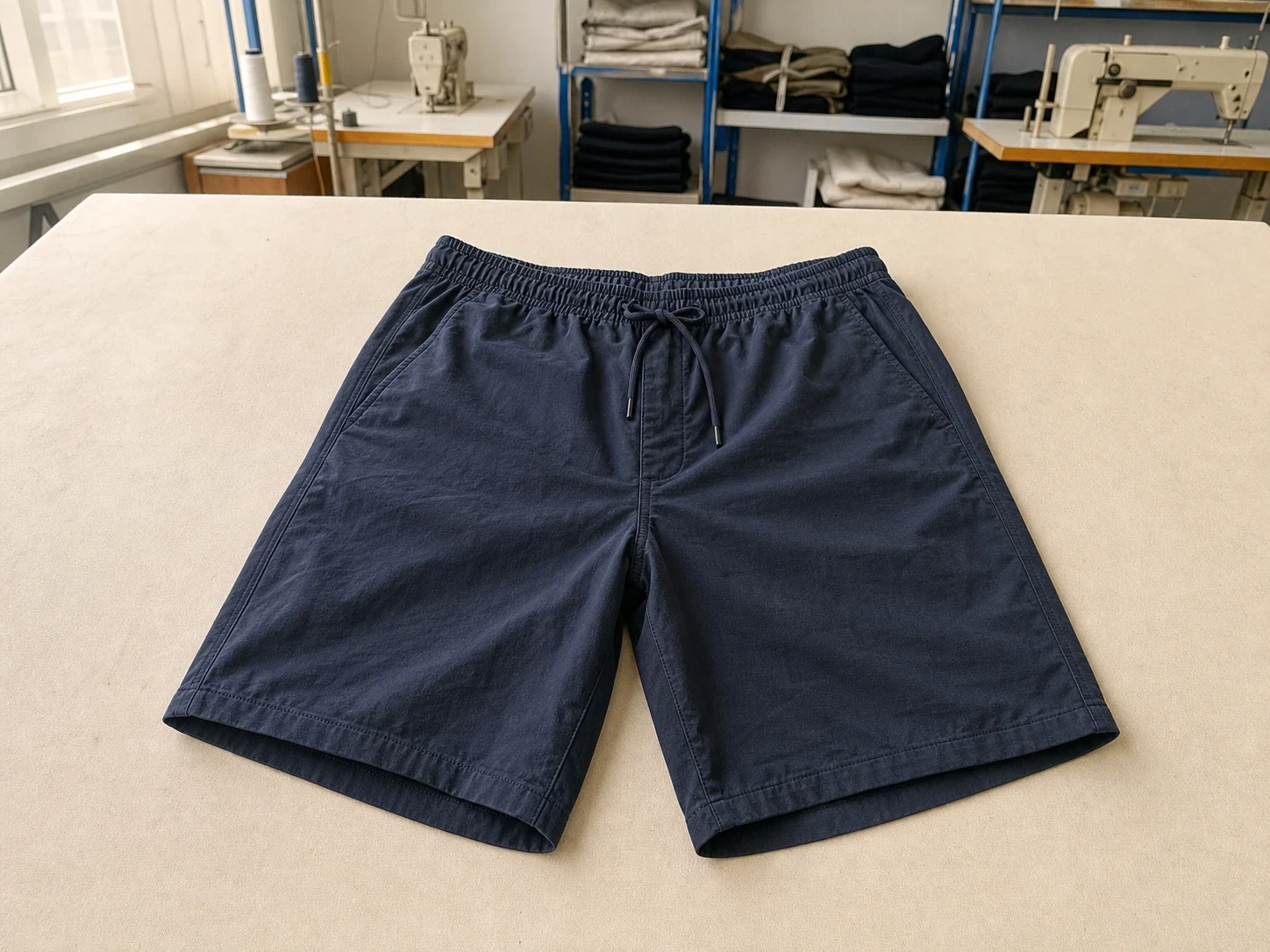 Finished navy shorts laid flat with the full garment visible.