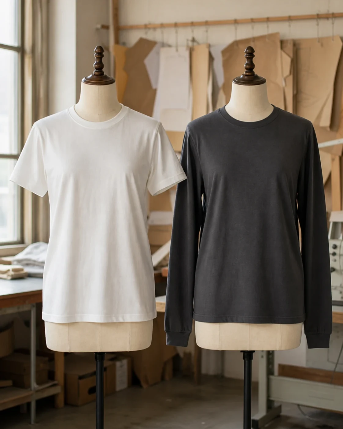 Short-sleeve and long-sleeve T-shirts shown together on separate dress forms.