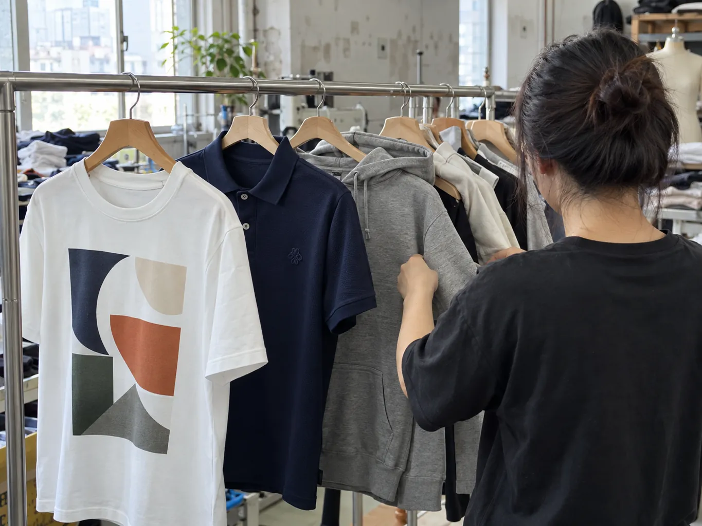 Printed T-shirt and embroidered polo hanging on a rack, worker browsing from behind.