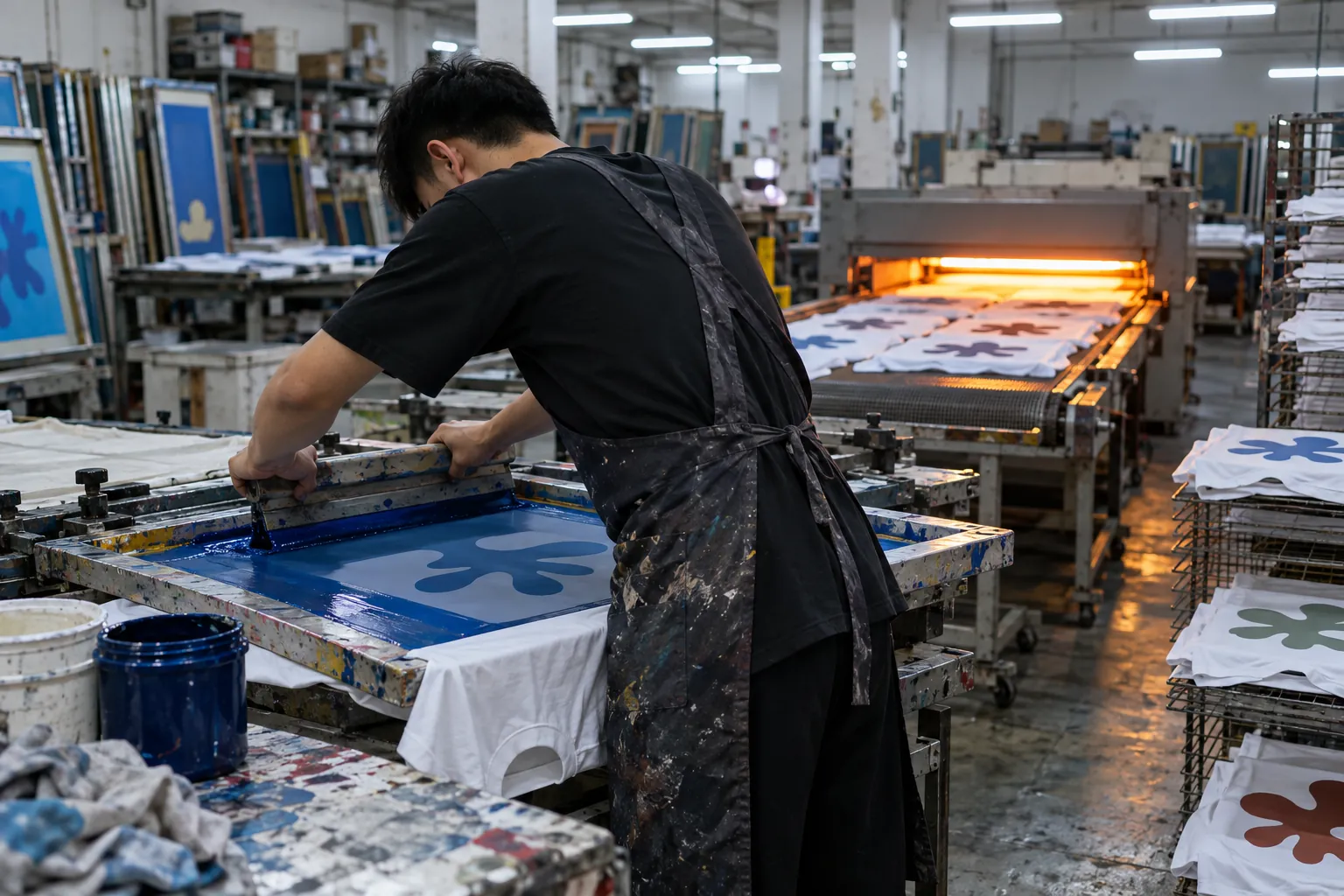 Worker pulling a squeegee across a screen frame, printing a T-shirt in a workshop.