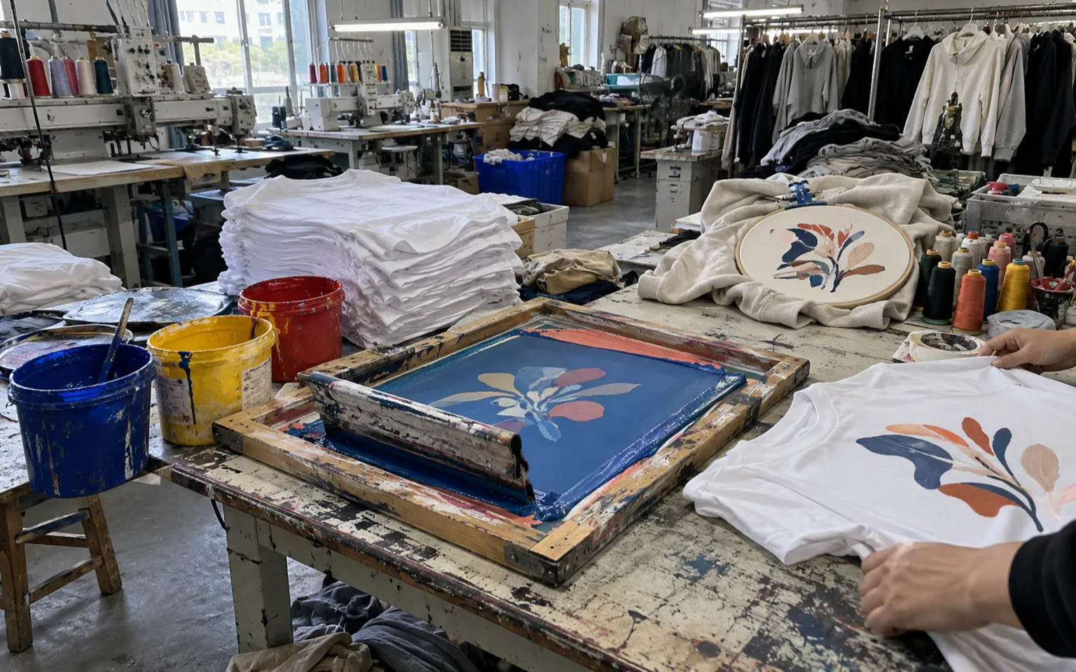 Worktable with screen-printing frame, squeegee, ink buckets, blank tees and embroidery hoop in a sample room.