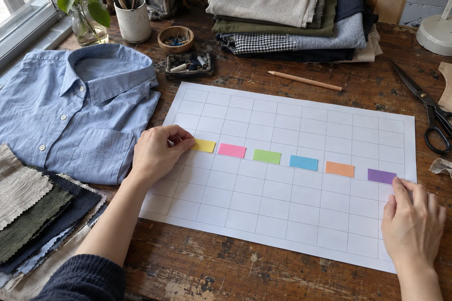 Hands arranging colored planning tabs beside a sample shirt and fabric swatches.