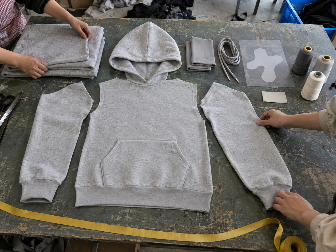 Garment components laid out in a row on a workshop cutting table