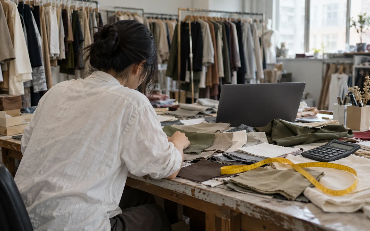 Merchandiser working at a sample-room desk with fabric swatches, measuring tape and calculator