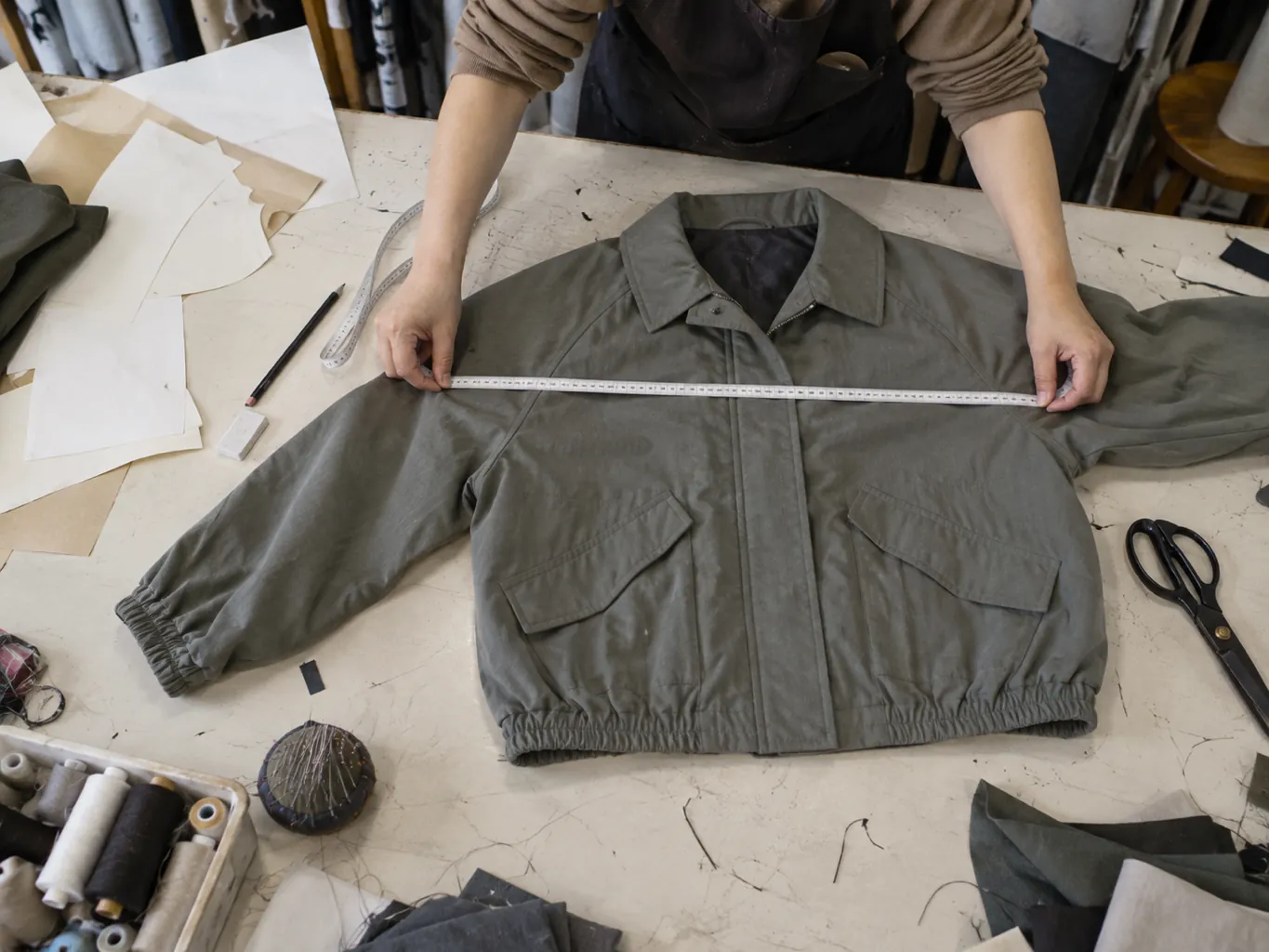 Hands measuring a flat-laid sample jacket with a tape measure on a cutting table