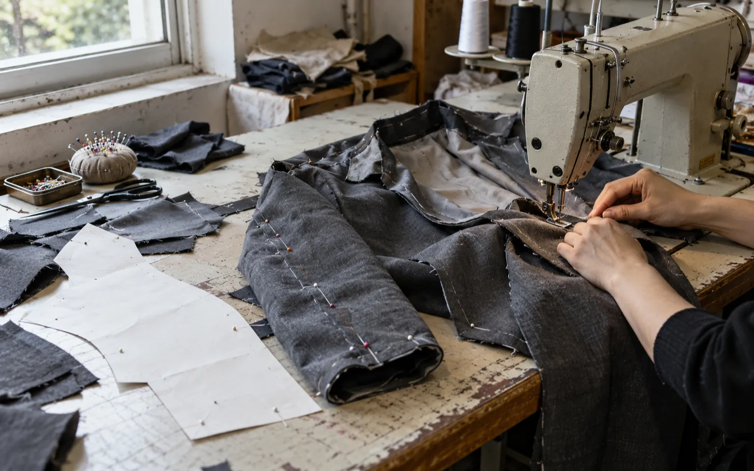 Half-sewn jacket on a sewing machine beside paper patterns in a sample room