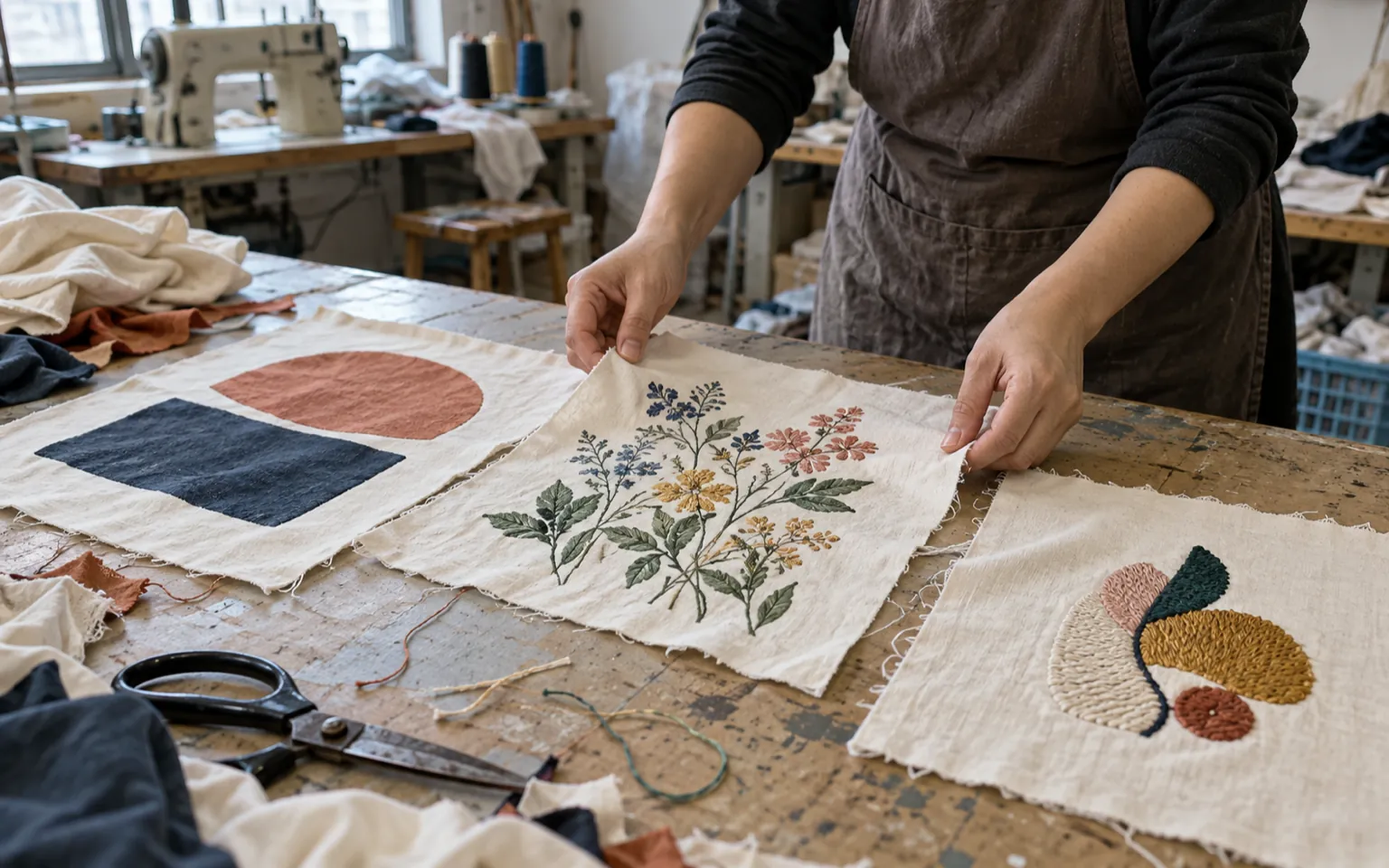 Stoffmuster mit Druckmotiven und Stickerei liegen auf einem gebrauchten Arbeitstisch im Musterraum.