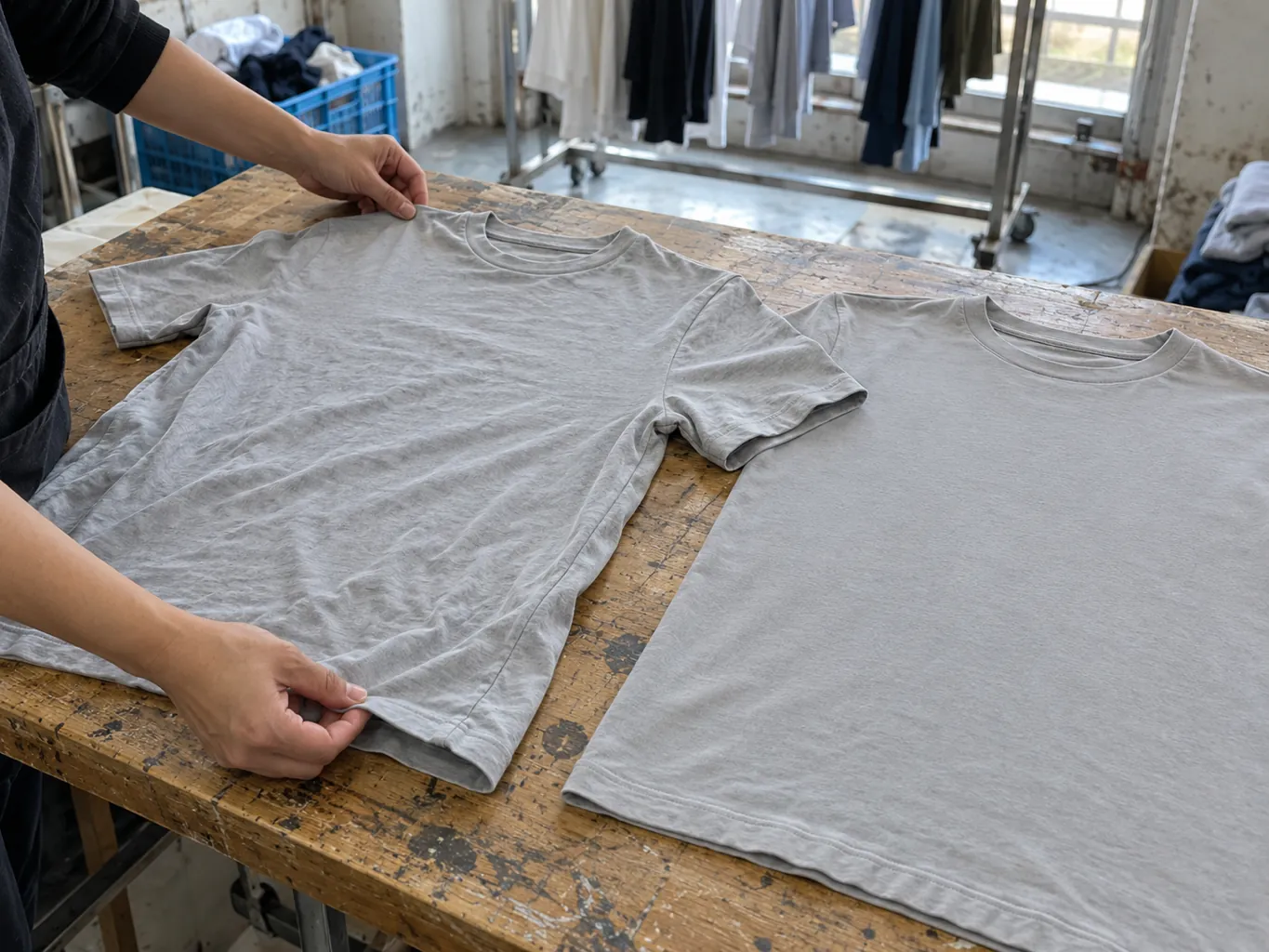 Hände vergleichen Schulternähte und Seitennaht zweier grauer T-Shirts auf einer gebrauchten Arbeitsfläche.