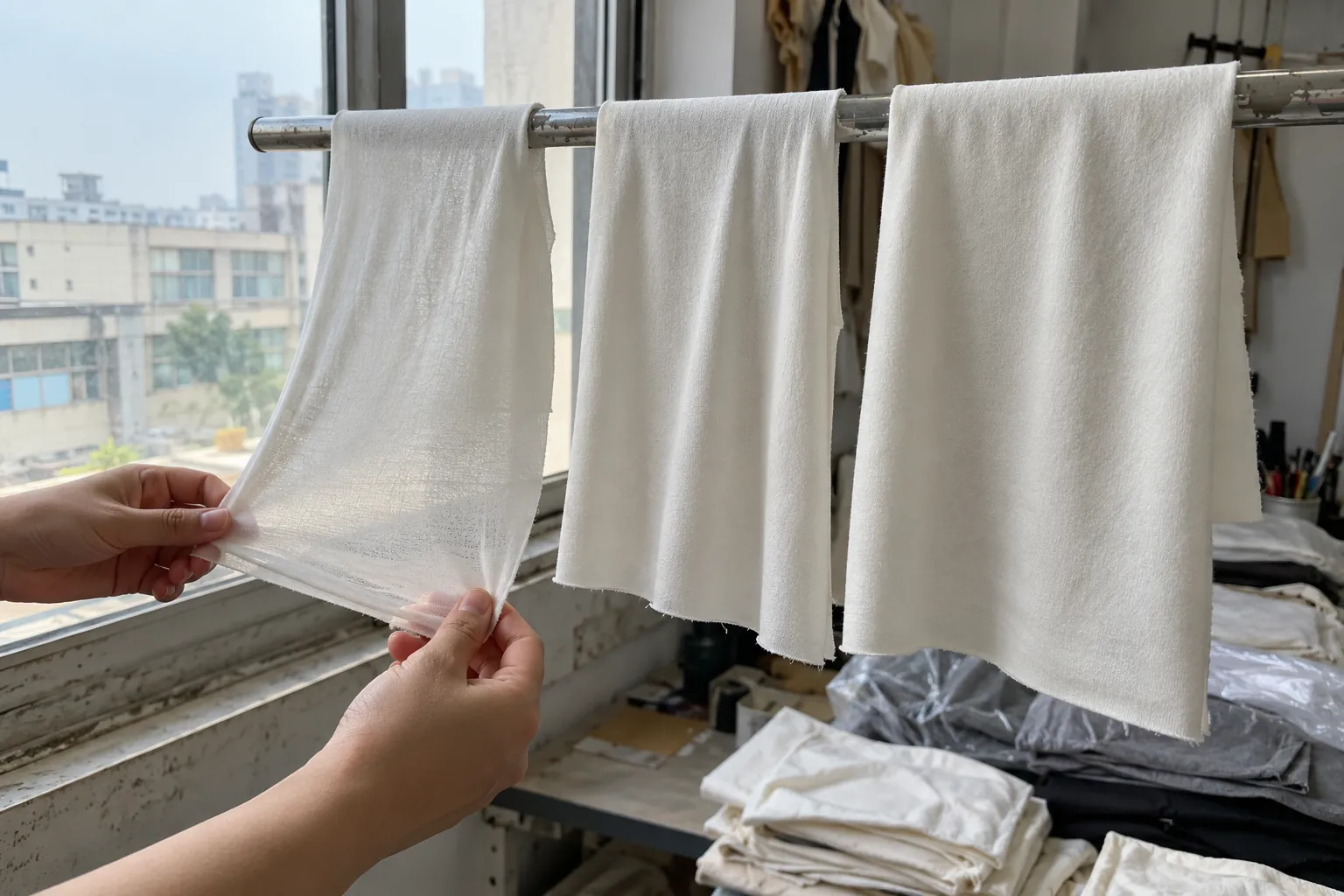 Drei Jerseyproben am Fenster, während Hände die leichteste Probe vorsichtig dehnen.