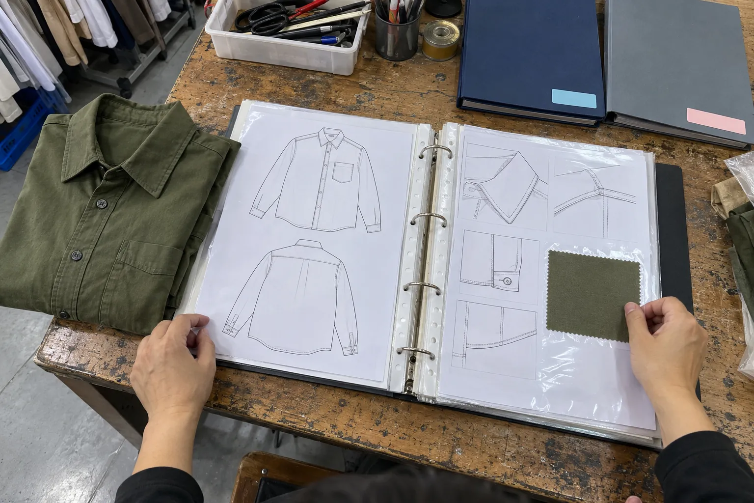Hände ordnen technische Zeichnungen und ein Stoffmuster in einen Ordner neben einem gefalteten Shirt.