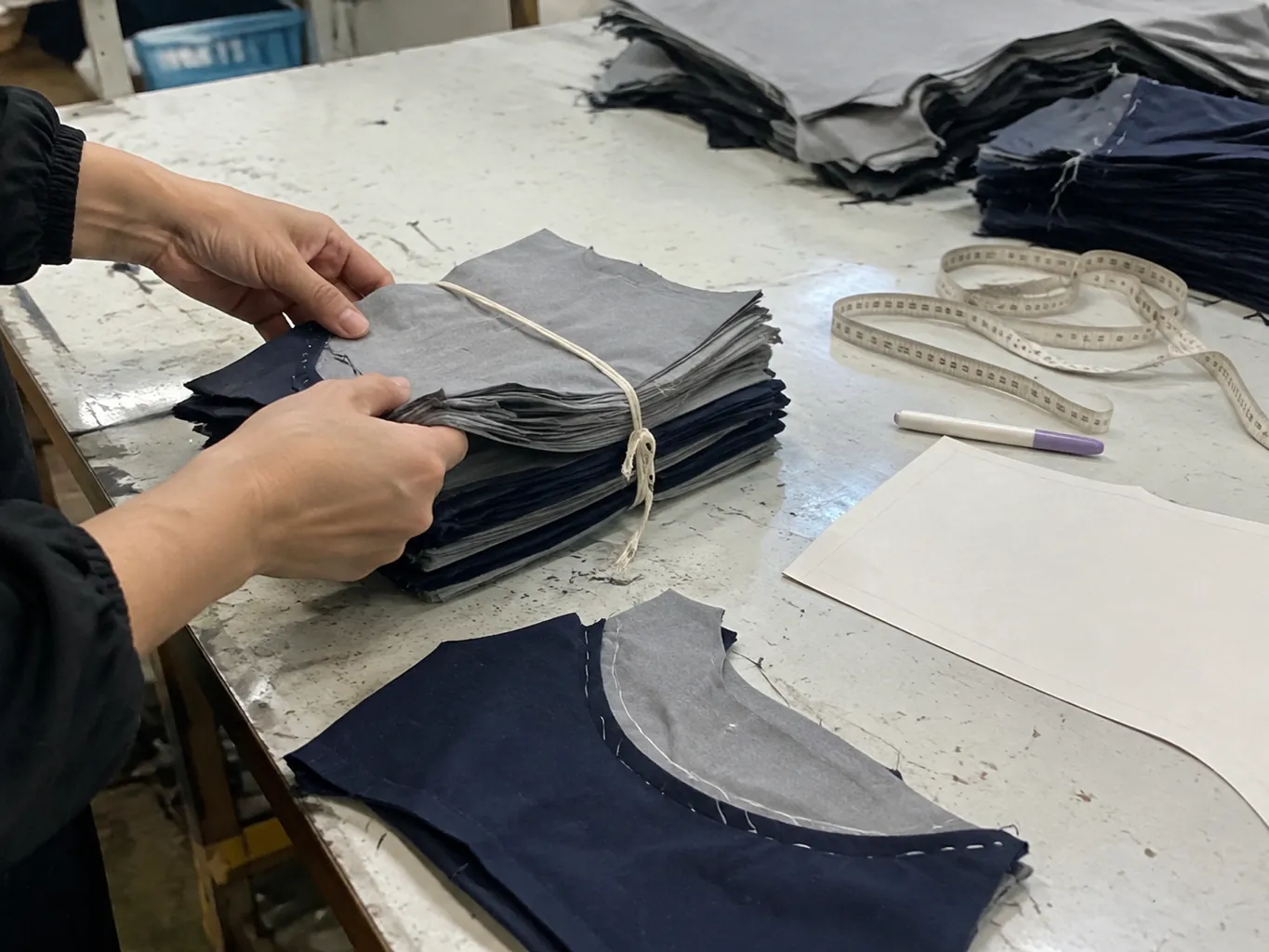 Hands sort cut fabric pieces for a small trial garment order on a table