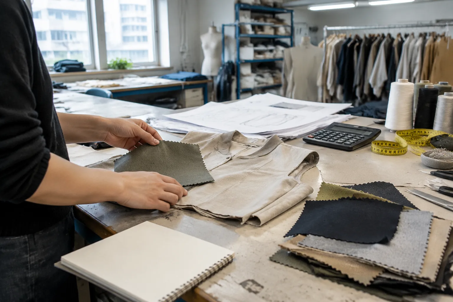 Hands compare fabric swatches beside a half-made garment in a sample room
