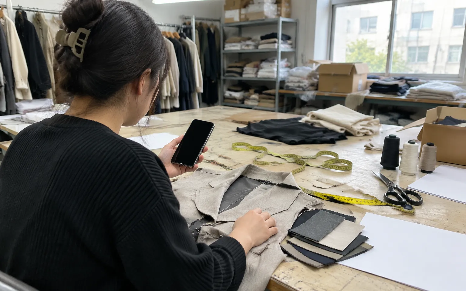 Person in sample room holding phone beside garment sample and fabric swatches