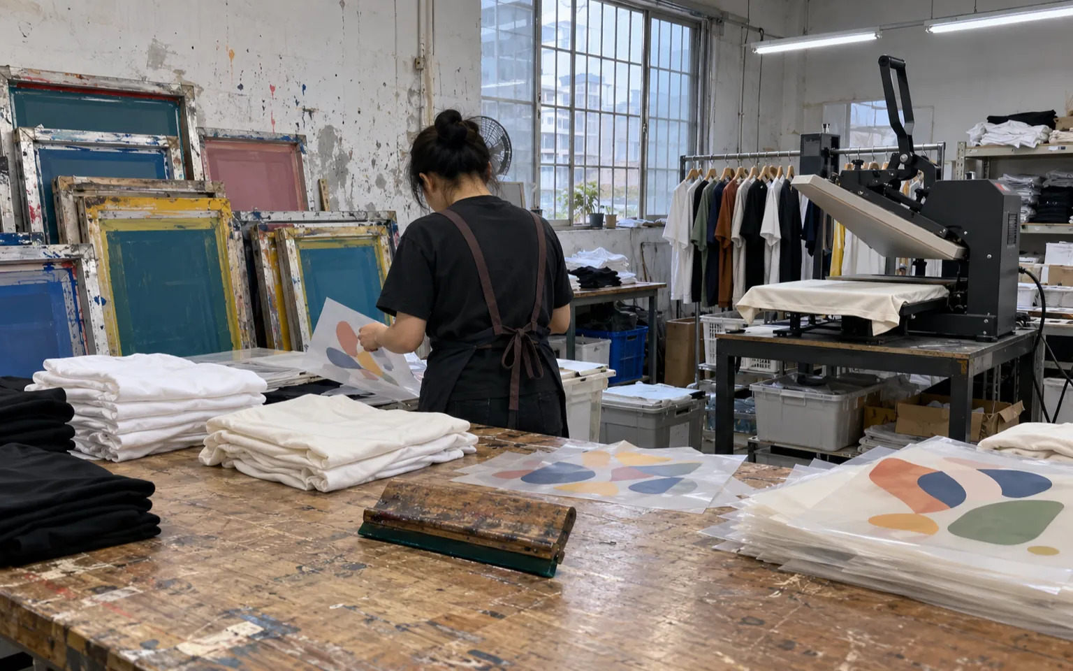 Mesa de taller con camisetas dobladas, mallas de serigrafía y prensa de calor al fondo.