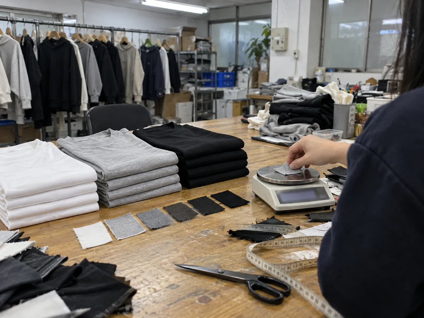 Persona pesando un trozo de tejido junto a varias camisetas de distinto gramaje