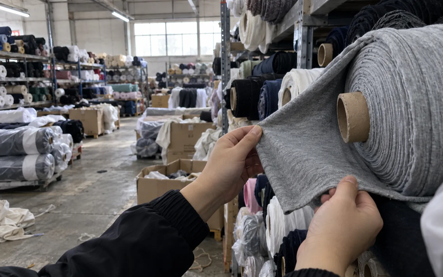 Manos levantando el borde de un rollo de tela de algodón gris en un almacén de tejidos