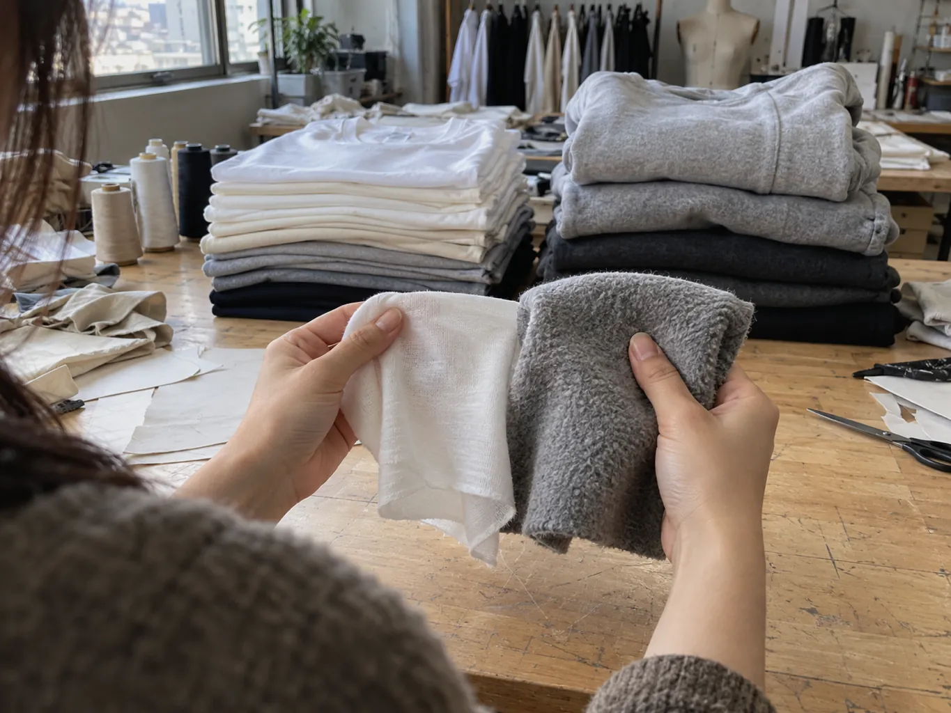 A hand comparing a thin jersey swatch against a thick fleece swatch