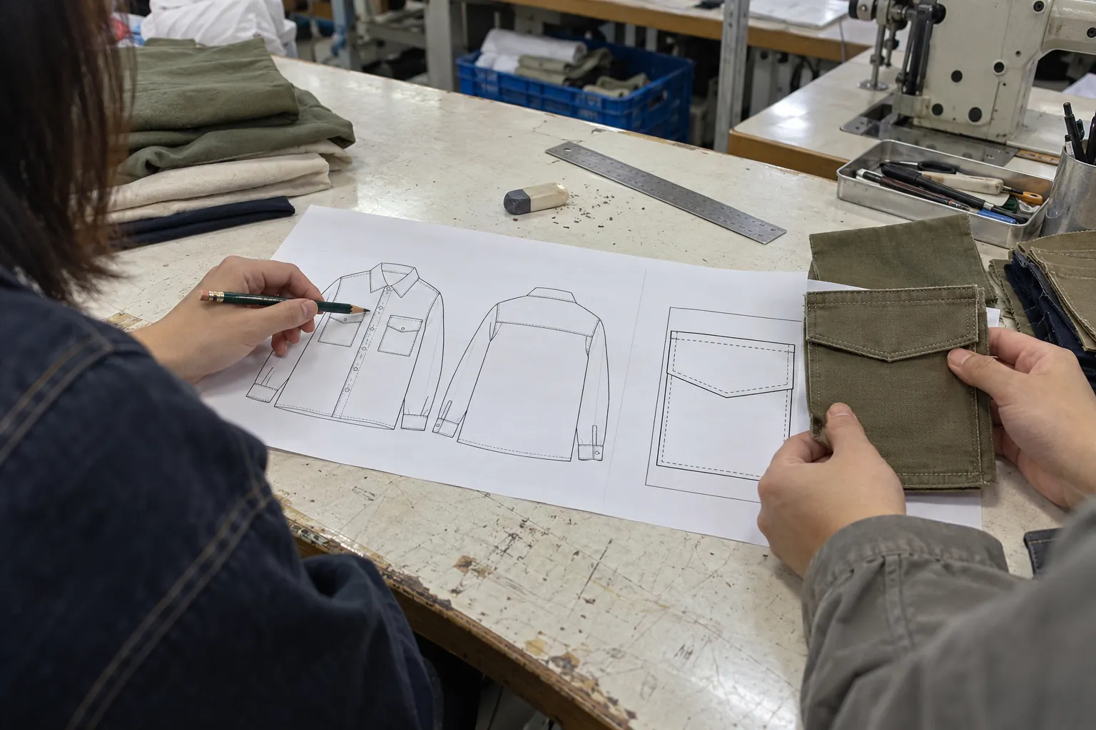 Des mains examinent des dessins techniques de chemise et une maquette de poche.