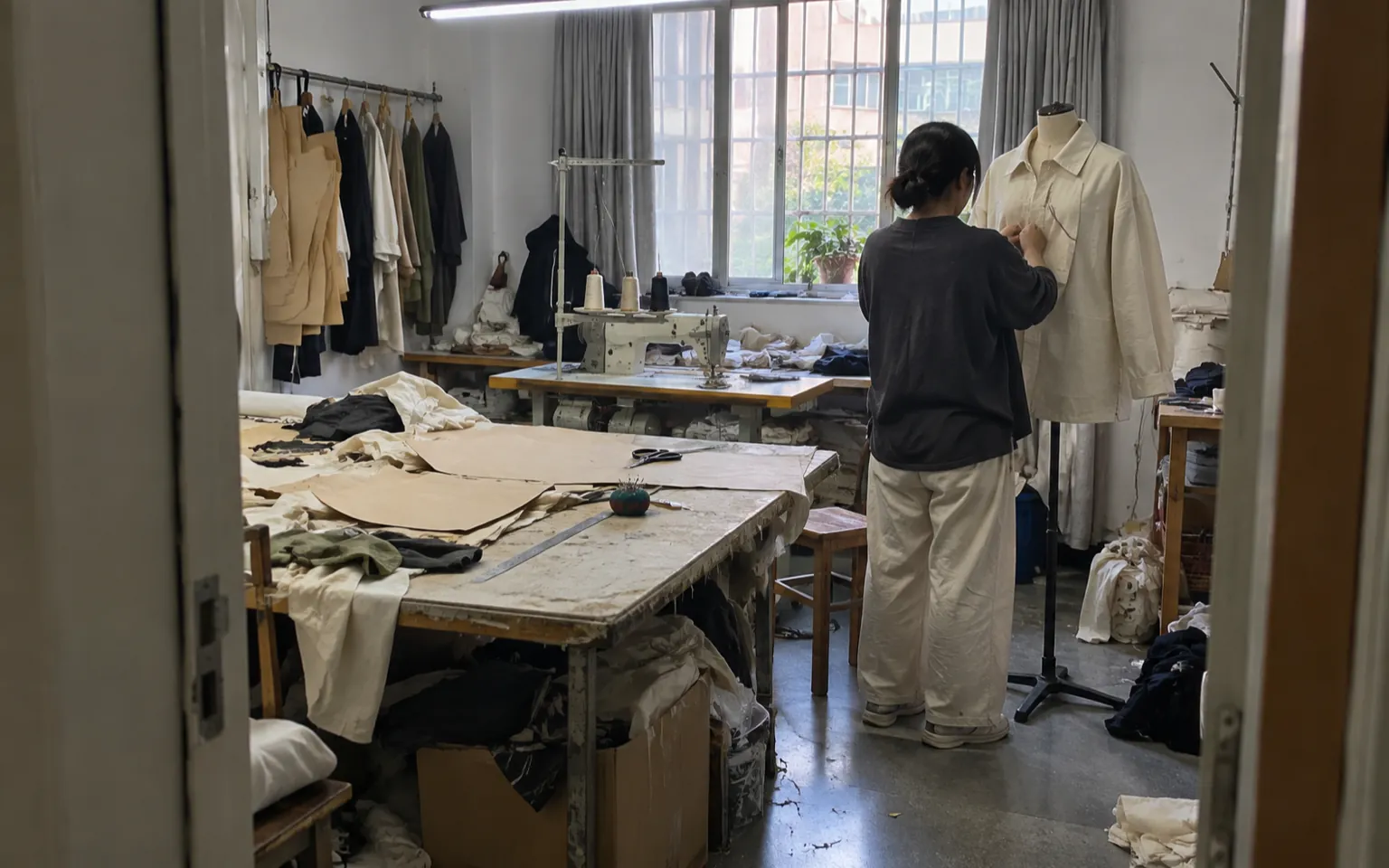Ajustement d’un prototype de chemise sur un mannequin dans un atelier de confection.