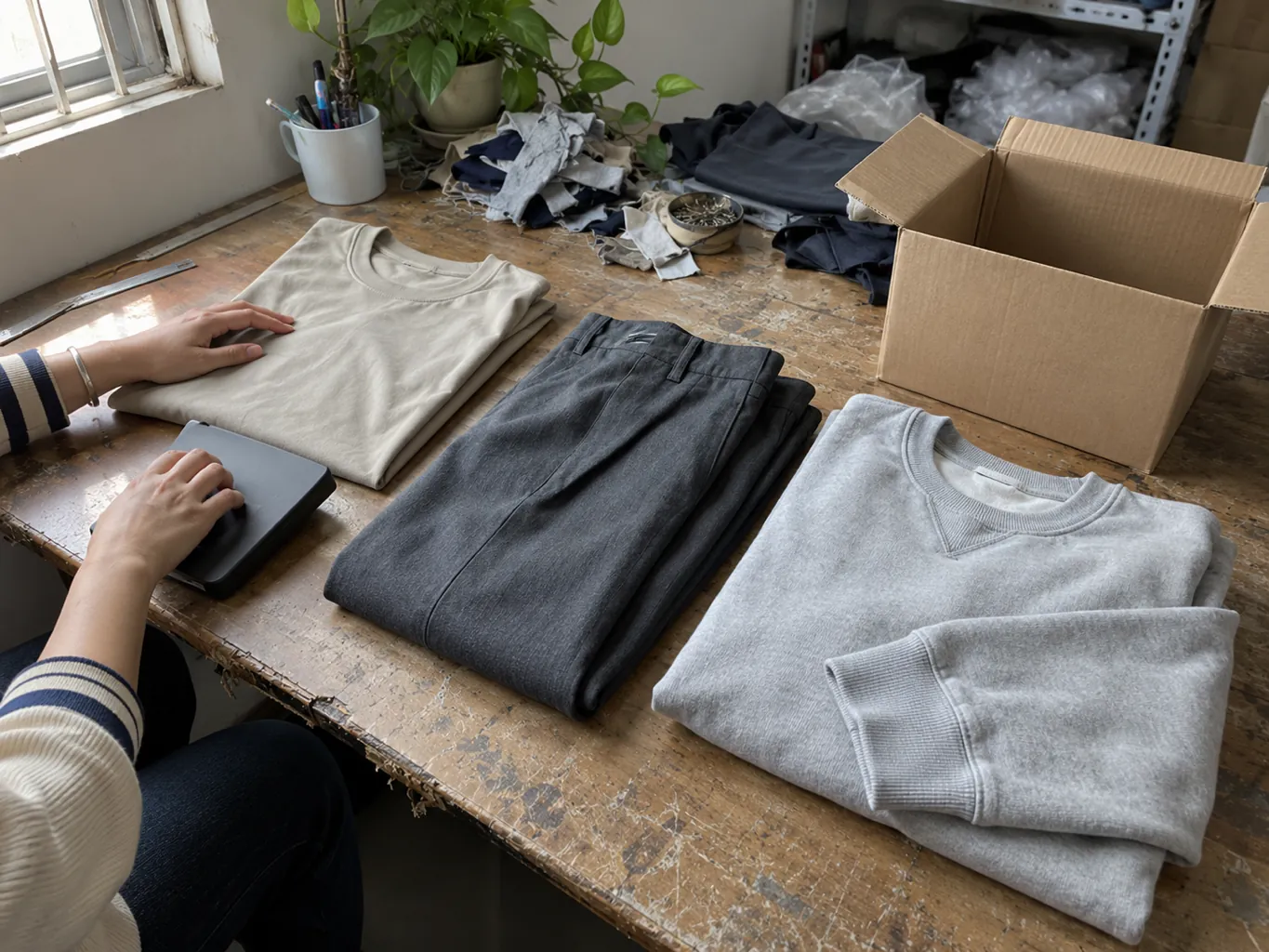 Des mains regroupent plusieurs modèles de vêtements sur une table, à côté d’une calculatrice.