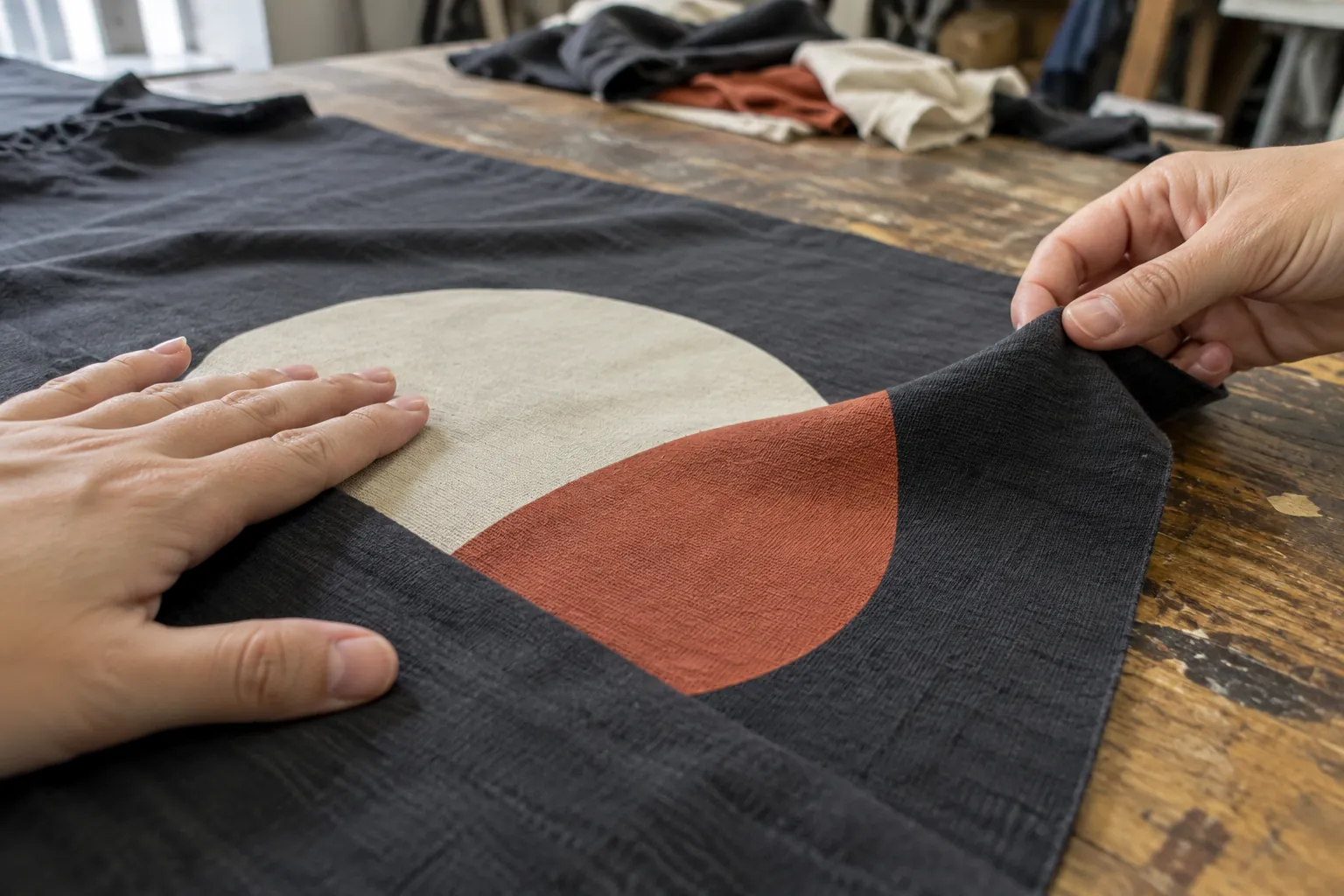 Des mains examinent les contours d’un motif sérigraphié sur du coton foncé.