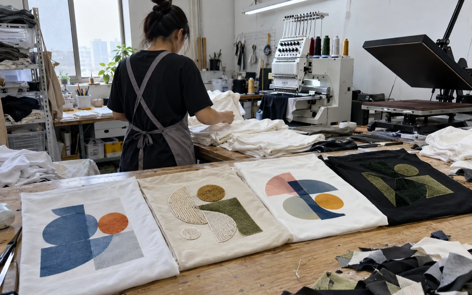 Une personne trie des vêtements et des échantillons de marquage dans un atelier.