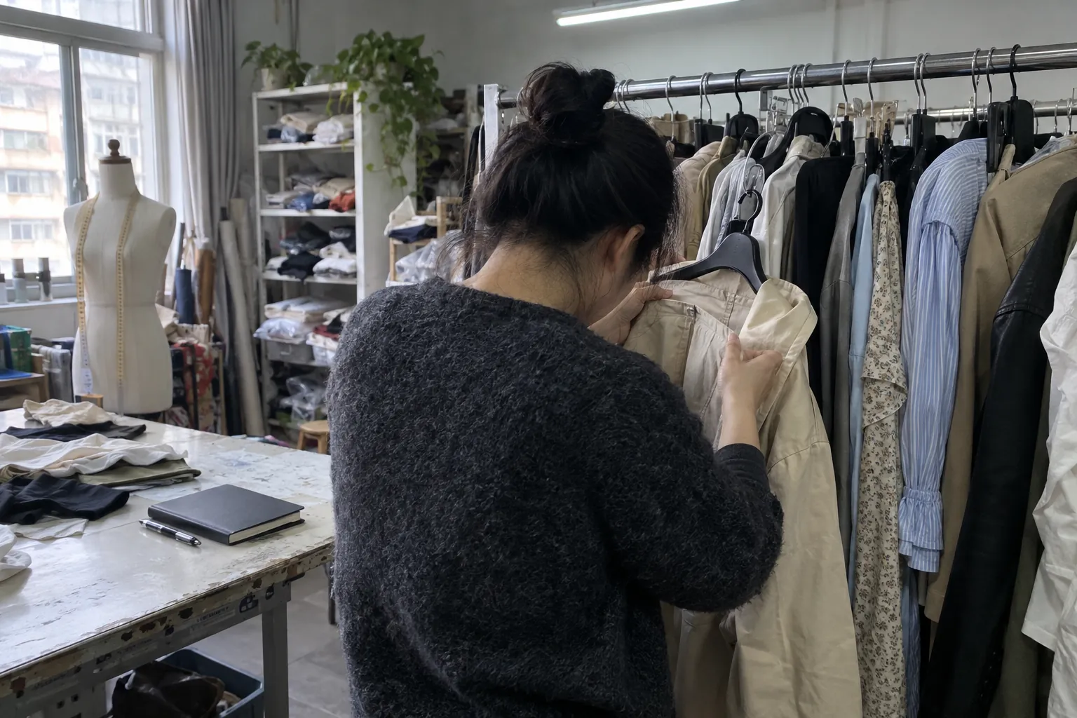 Sourcing worker examines garments on a crowded sample room rack.