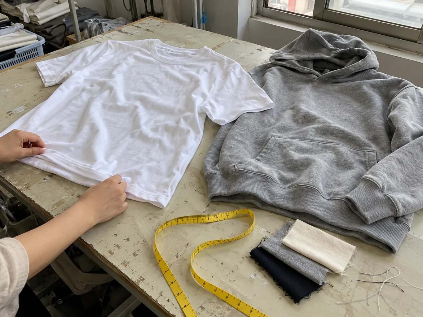 Close-up of a plain t-shirt and hoodie laid on a cutting table with measuring tape
