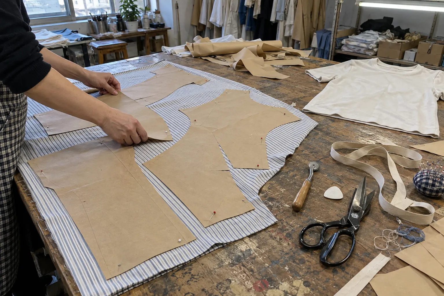 Hands arranging paper dress patterns on fabric beside a knit t-shirt sample on a worktable