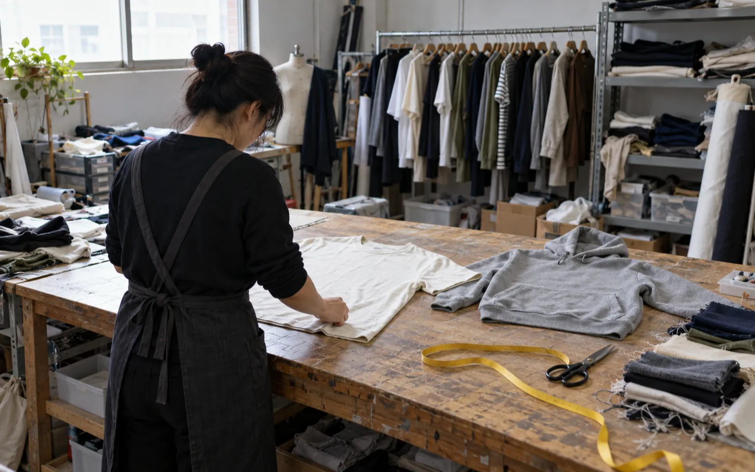 Plain t-shirt and hoodie samples on a sample room worktable while a worker adjusts the tee