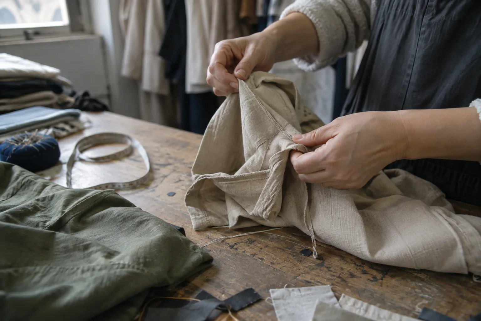 Hands inspect the inside seams of an unbranded garment sample.