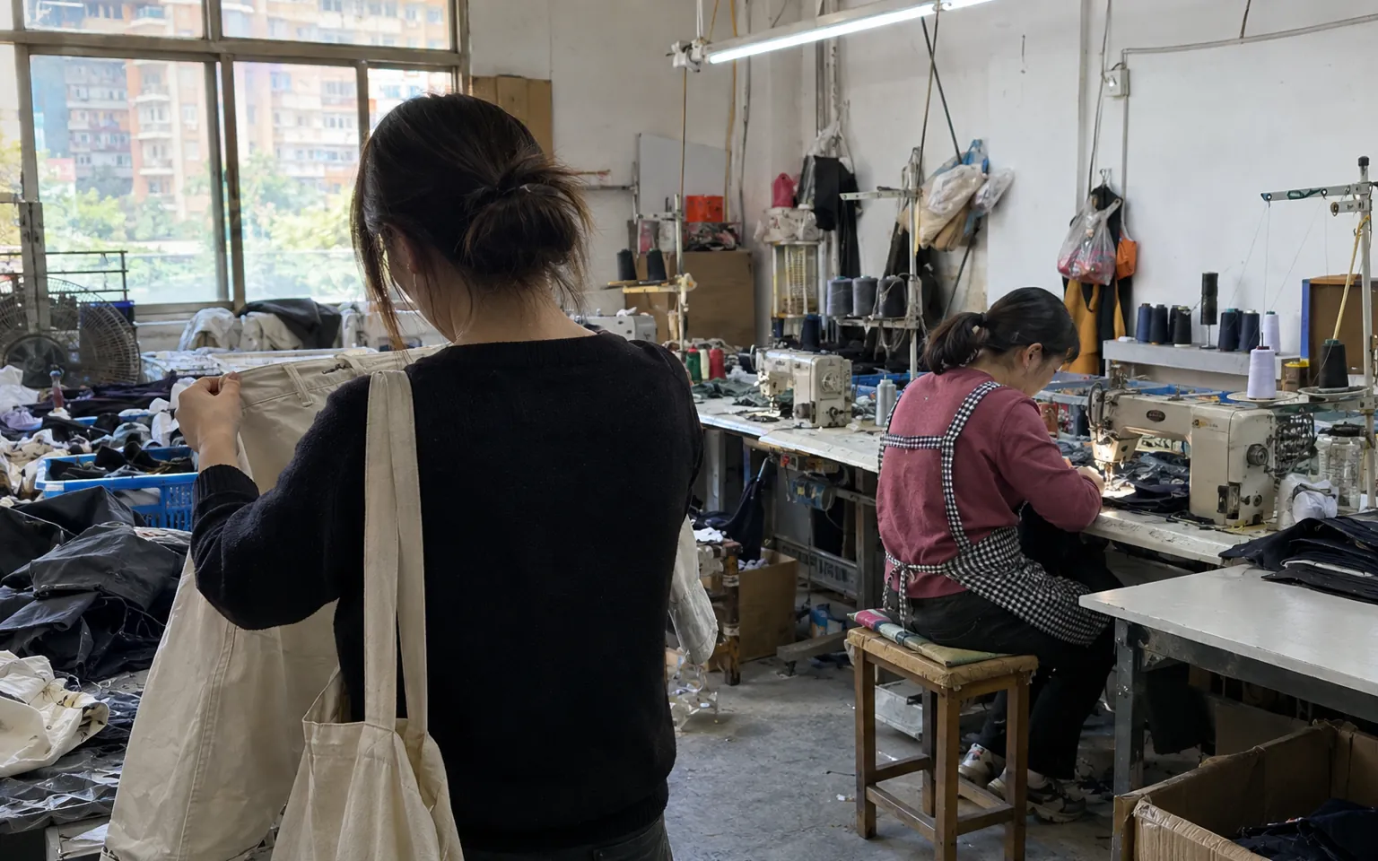 Visitor checks an unbranded garment beside a working sewing station.